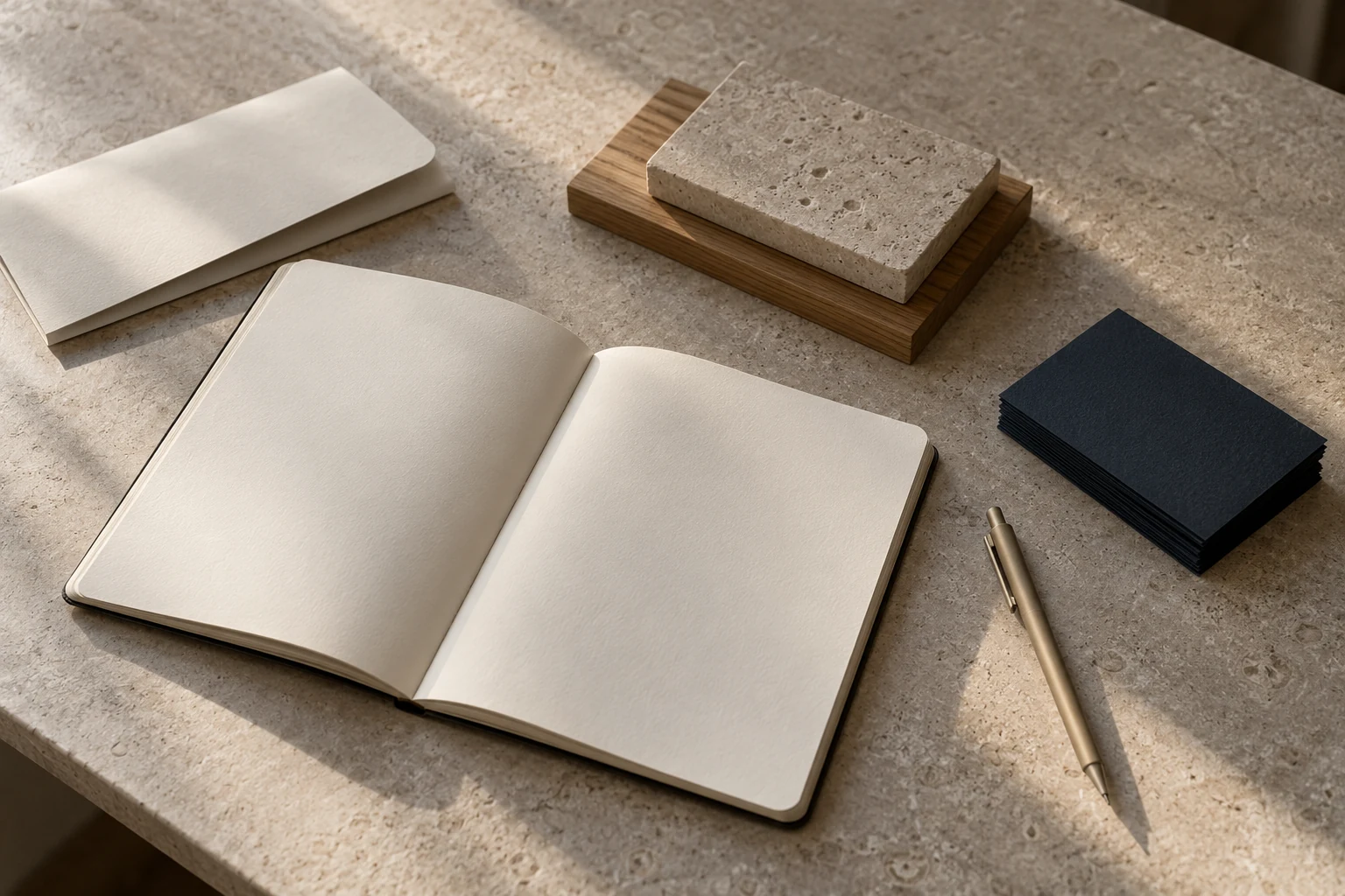 Illustrative design-studio still life with a sketchbook and material samples